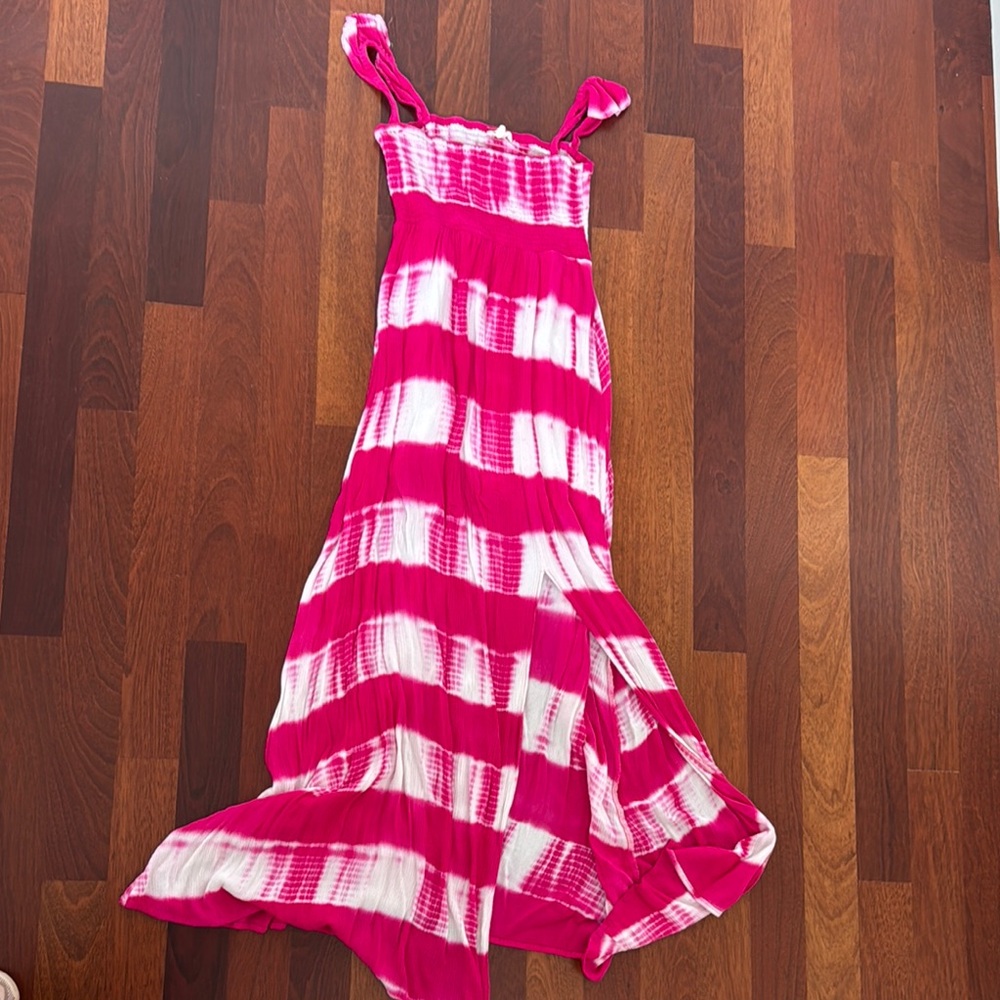 Pink and White Striped Tie dye Maxi Dress